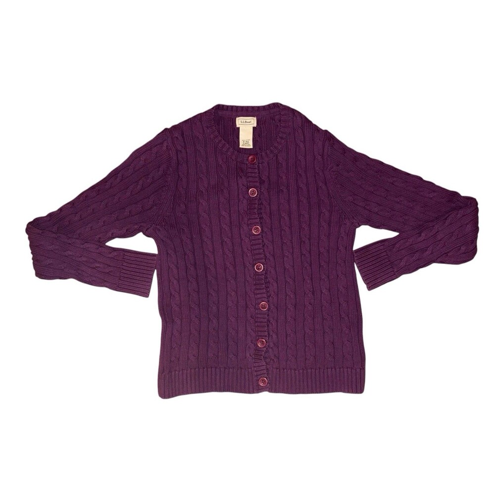 L.L.Bean Women’s Cable Knit Button Cardigan Sweater Purple Medium 100% Cotton